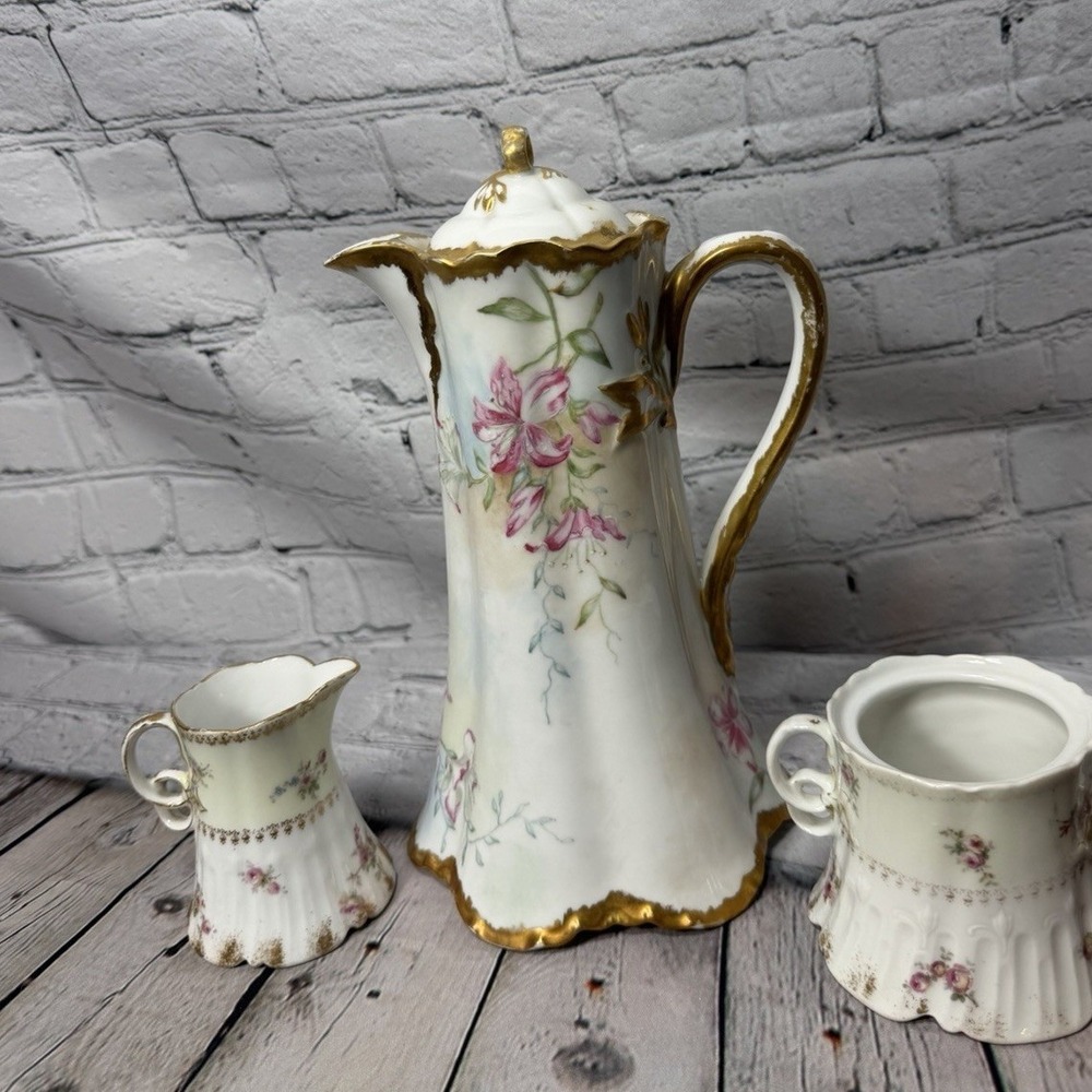 Antique CFH GDM Charles Field Haviland Limoges France Chocolate Pot Set Floral